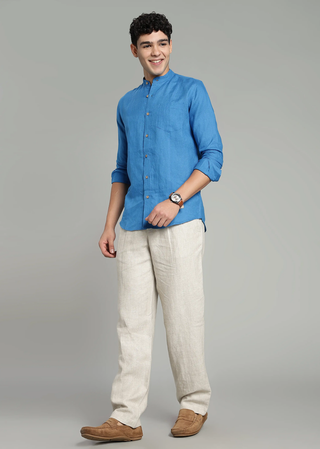 Trevor - Pure Linen Mandarin Collar Full Sleeve Shirt - Swedish Blue