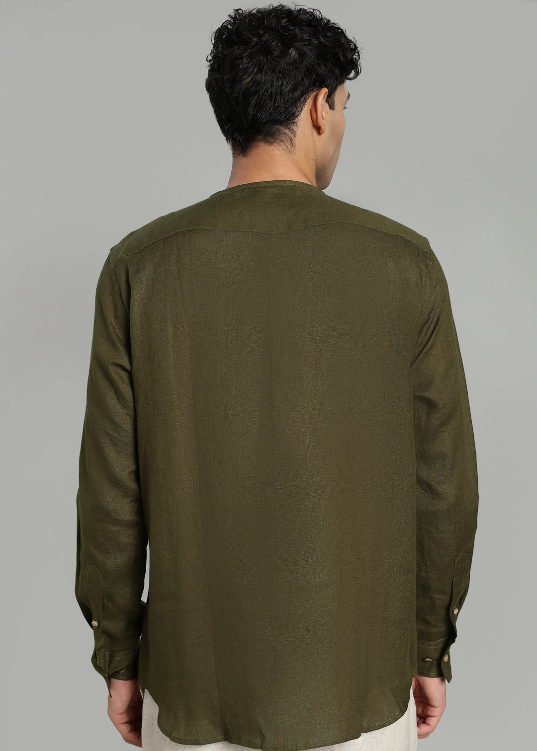 Pedro - Collarless Pure Linen Full Sleeve Shirt - Moss Green