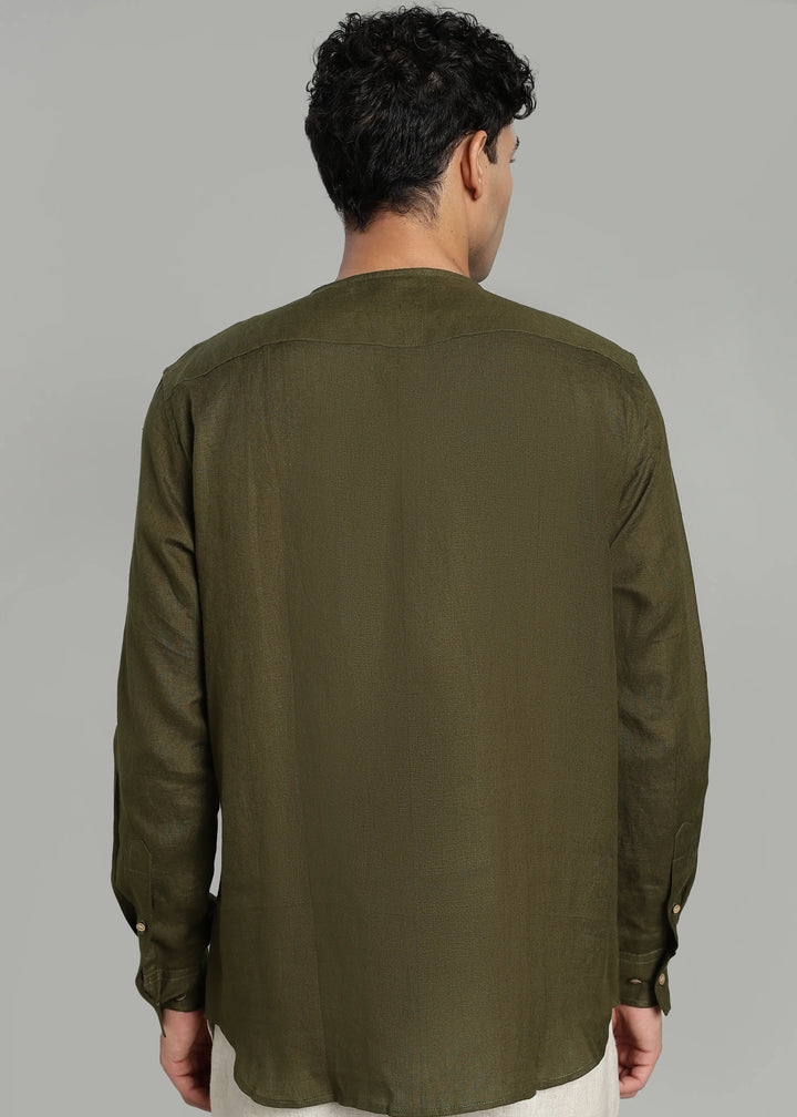 Pedro - Collarless Pure Linen Full Sleeve Shirt - Moss Green
