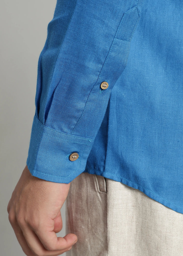 Thomas - Men's Pure Linen Double Pocket Full Sleeve Shirt - Swedish Blue