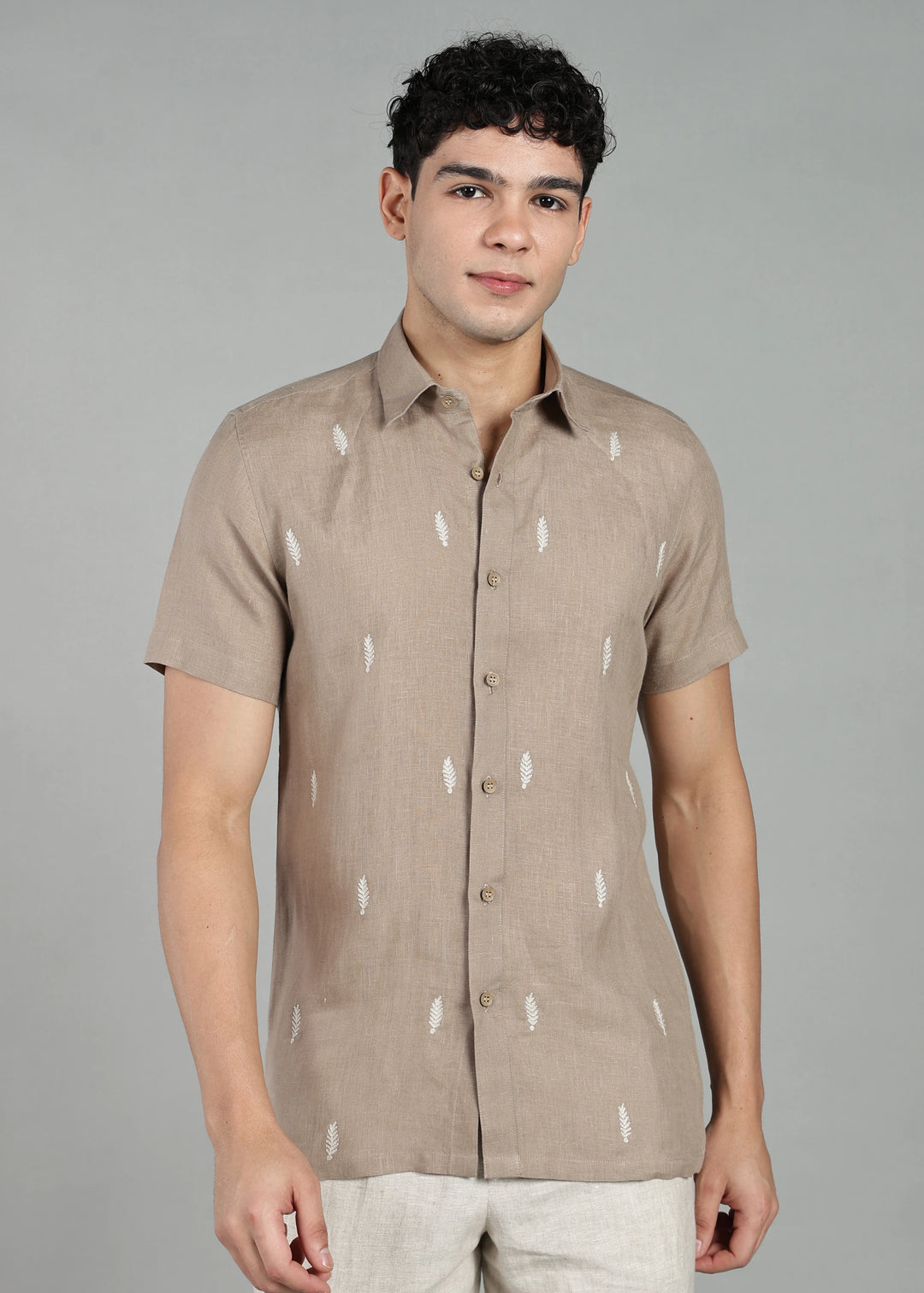 Touch Me Not - Pure Linen Half Sleeve Hand Embroidered Shirt - Stone Brown
