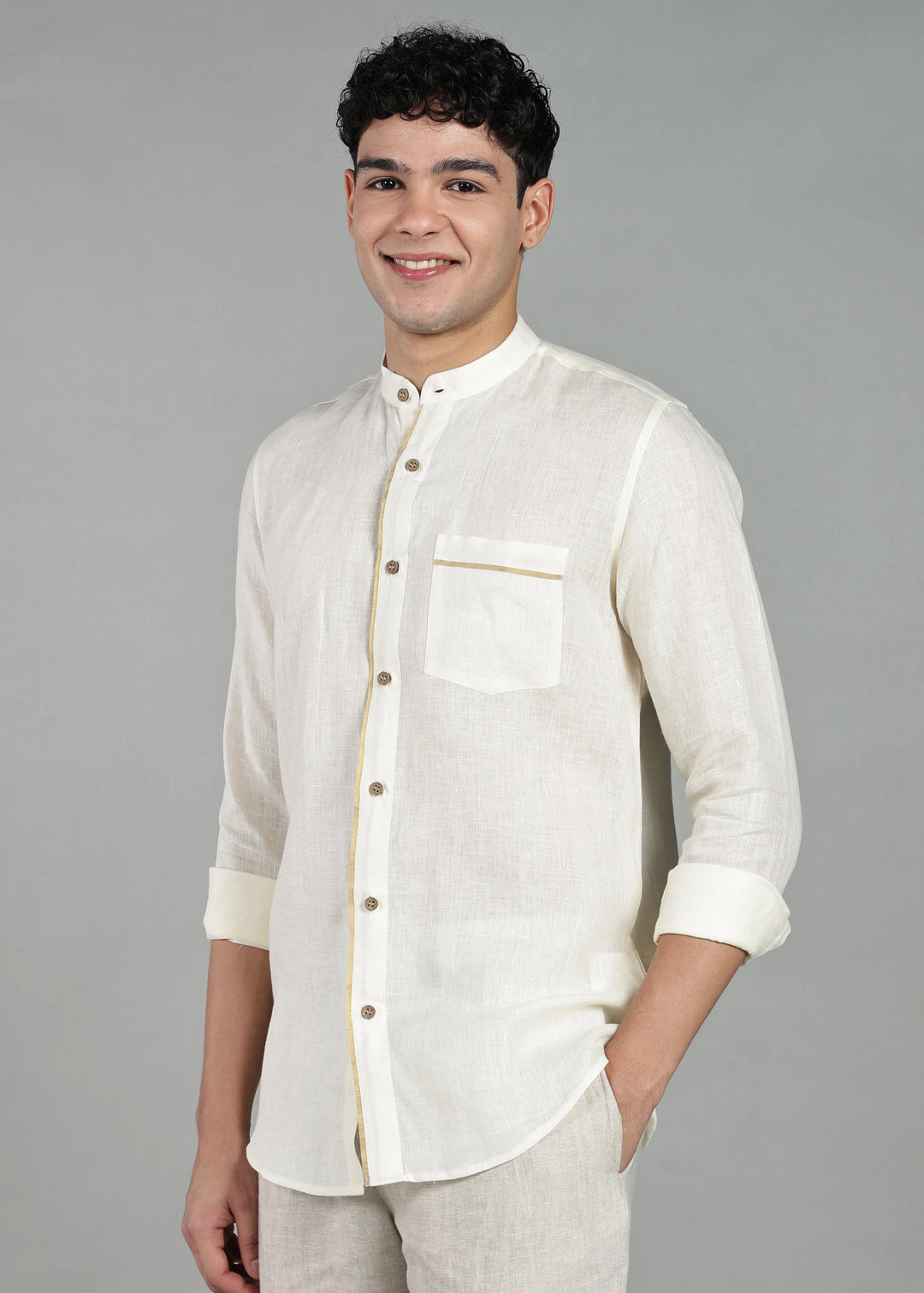 Kiran - Full Sleeve Shirt with Kasavu Inset Detail  - Creme White