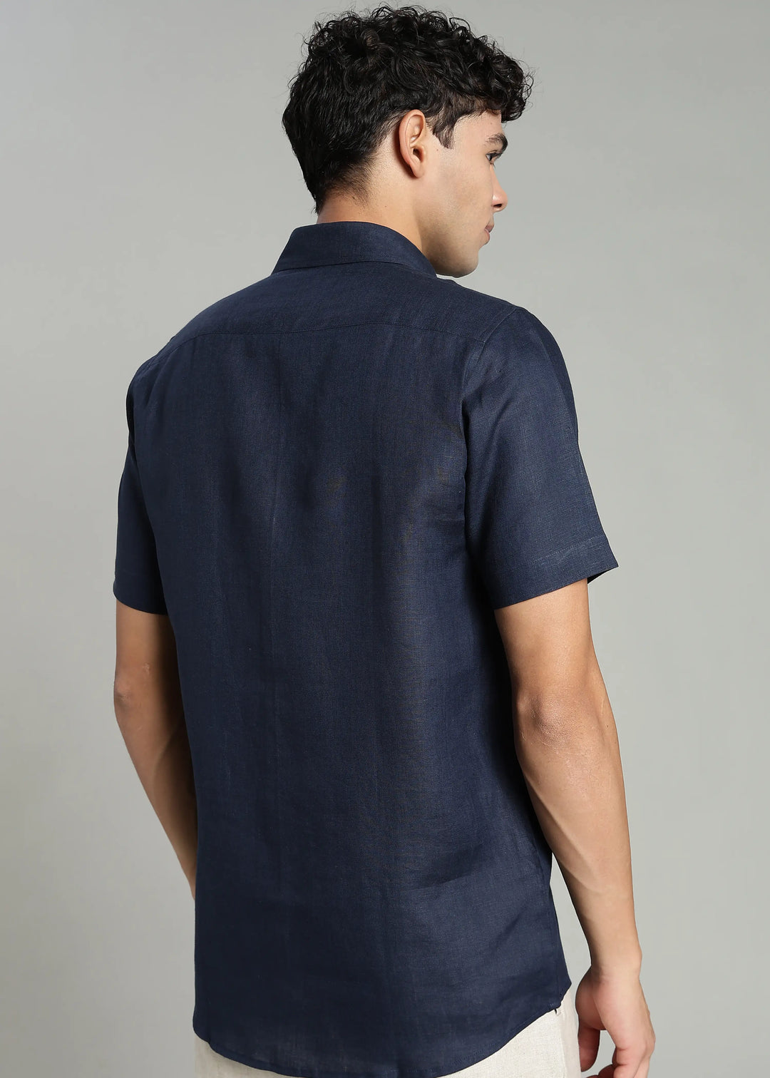 Iris - Pure Linen Appliqué Half Sleeve Shirt - Dark Blue