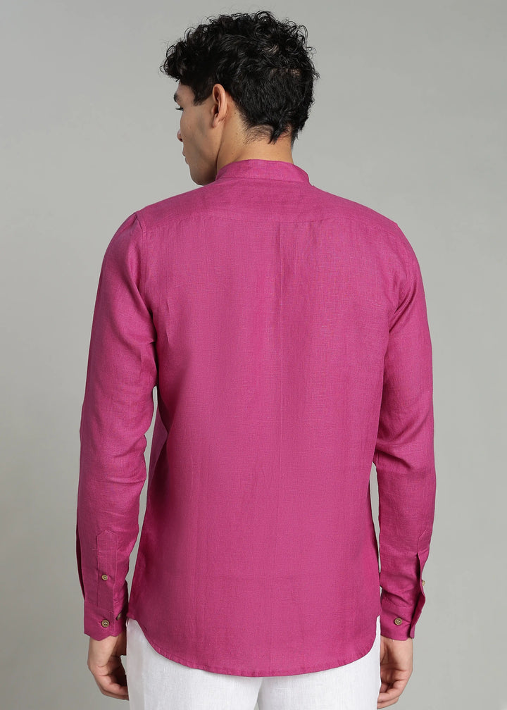 Craig - Pure Linen V Neck Full Sleeve Shirt - Raspberry Pink