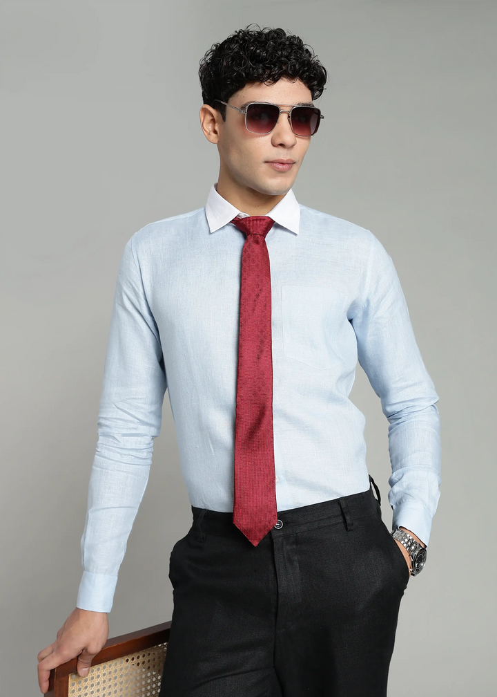 Bruce - Pure Linen Full Sleeve Contrast Regular Collar Shirt - Sky Blue