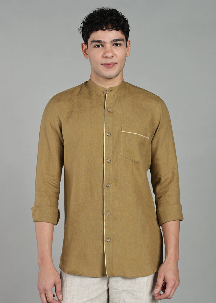 Kiran - Full Sleeve Shirt with Kasavu Inset Detail  - Golden Olive Green
