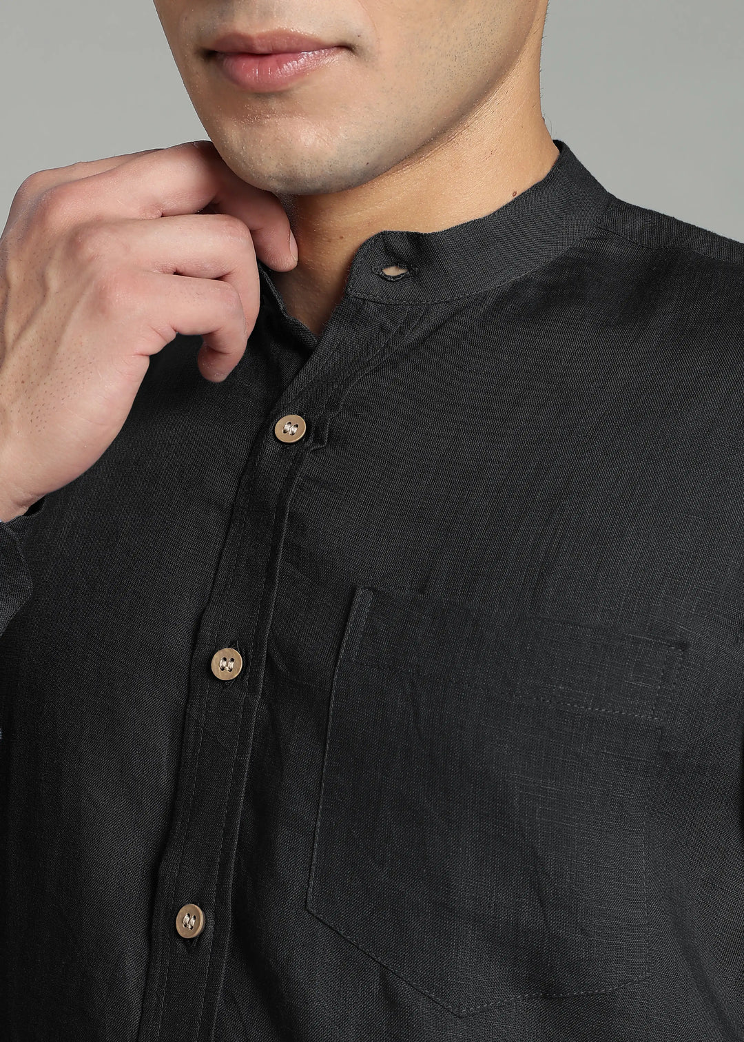 Aaron - Pure Linen Mandarin Collar Full Sleeve Shirt With Front Pocket - Black