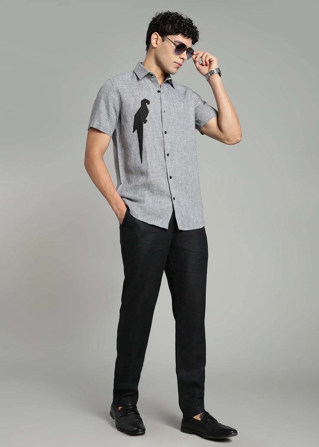 Jay - Pure Linen Appliqué Half Sleeve Shirt - Black Houndstooth
