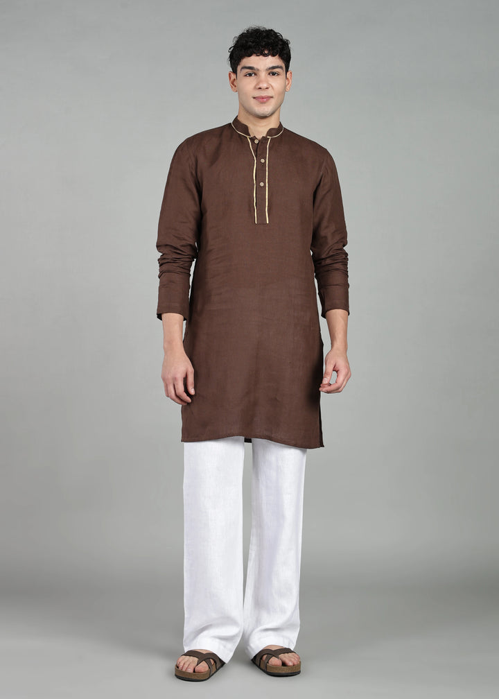 Tantu - Full Sleeve Mandarin Collar Pure Linen Mid Kurta With Kasavu Inset Detail - Coffee Brown