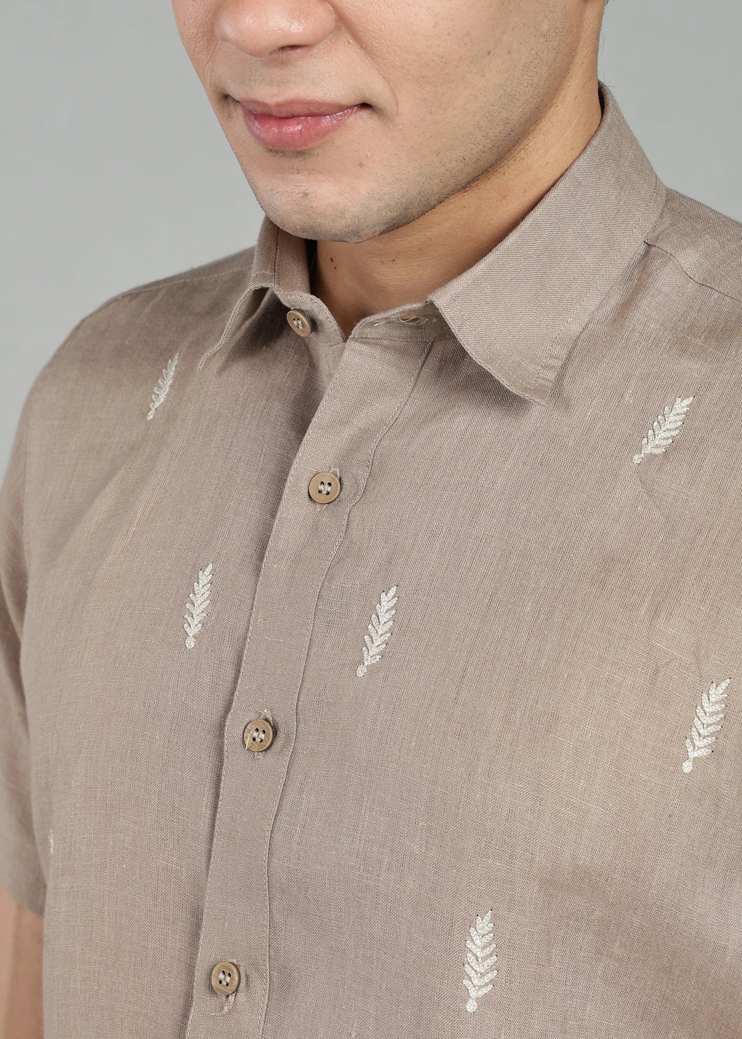 Touch Me Not - Pure Linen Half Sleeve Hand Embroidered Shirt - Stone Brown