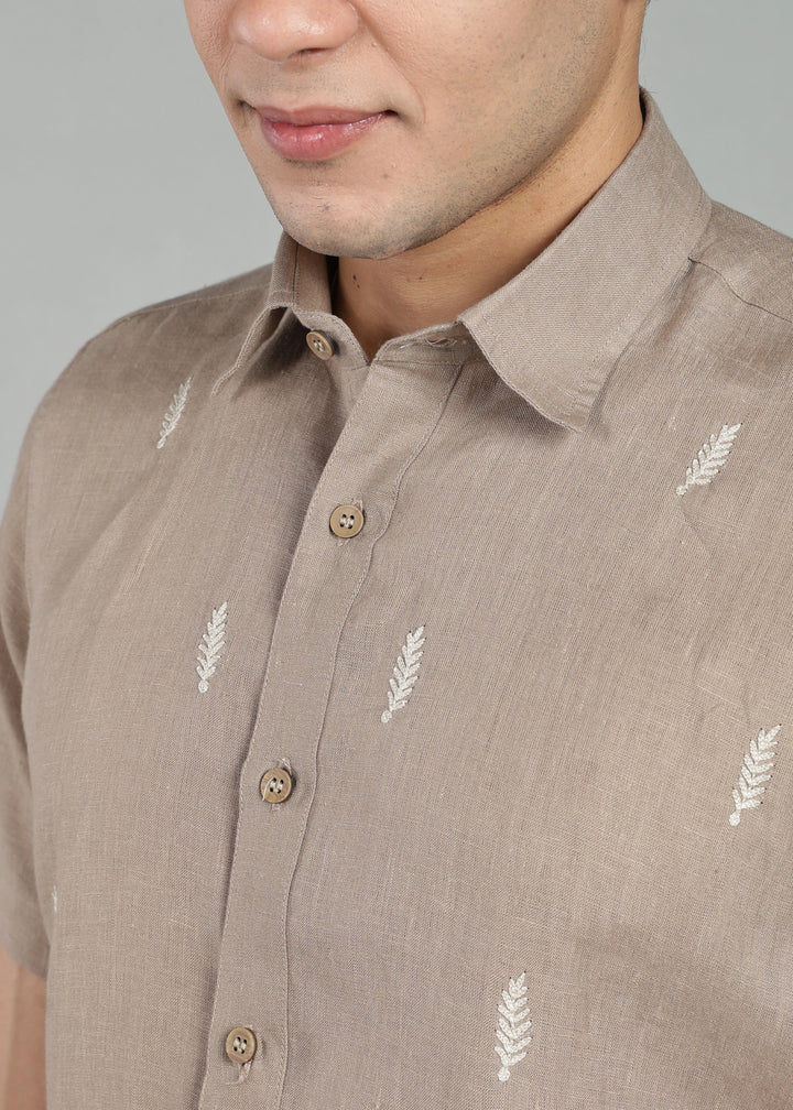Touch Me Not - Pure Linen Half Sleeve Hand Embroidered Shirt - Stone Brown