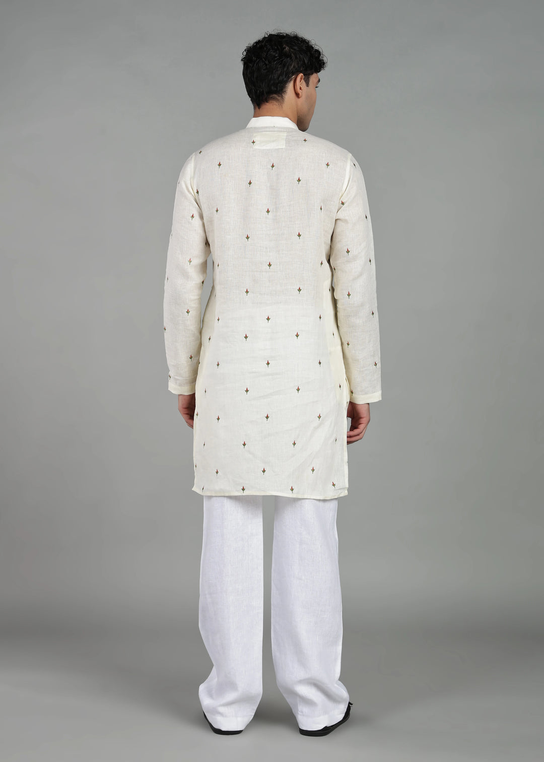 Kathir - Full Sleeve Mandarin Collar Pure Linen Embroidered Mid Kurta - Red on Creme White