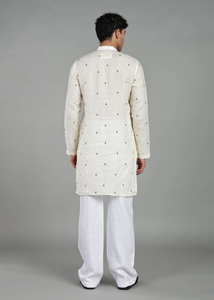 Kathir - Full Sleeve Mandarin Collar Pure Linen Embroidered Mid Kurta - Red on Creme White