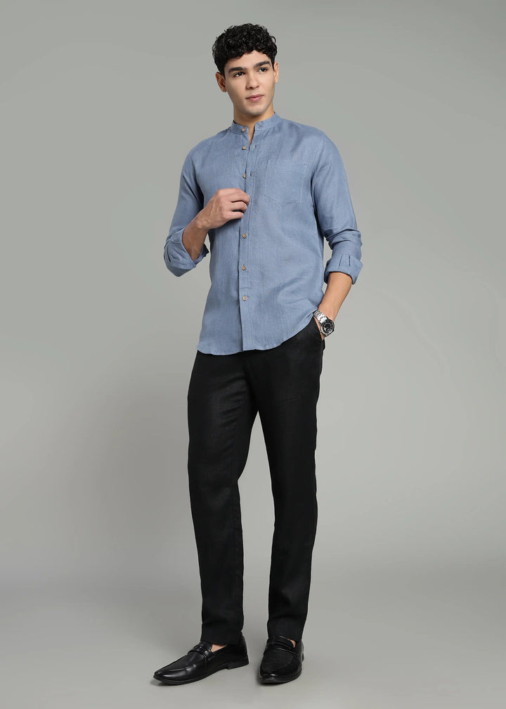 Aaron - Pure Linen Mandarin Collar Full Sleeve Shirt With Front Pocket - Blue Grey