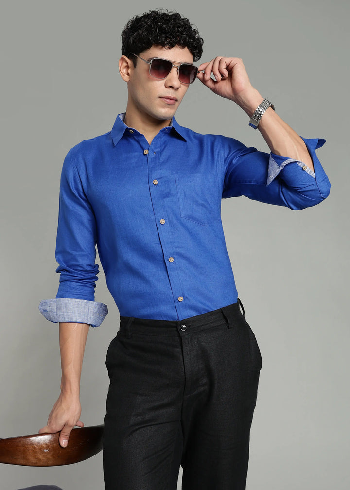 Keith - Pure Linen Full Sleeve Shirt with Blue Houndstooth Collar Band and Cuff Detail - Egyptian Blue