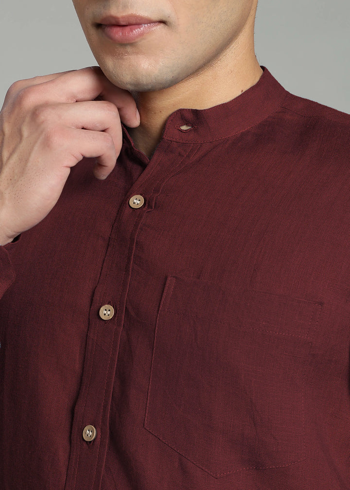 Aaron - Pure Linen Mandarin Collar Full Sleeve Shirt With Front Pocket - Red Wine