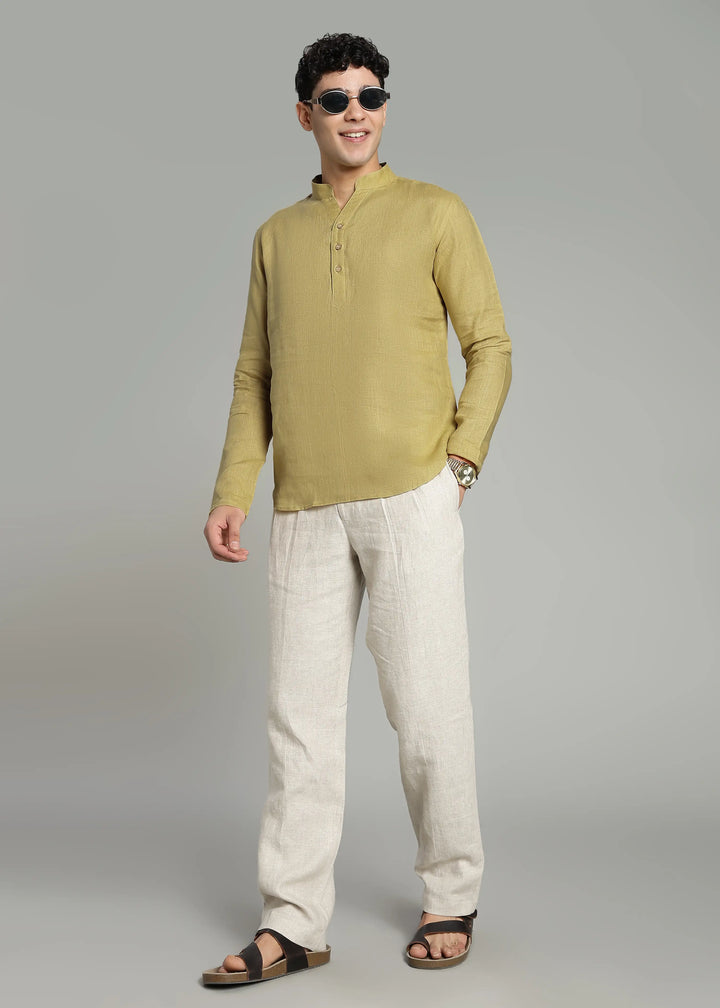 Zaeden - Pure Linen V Neck Full Sleeve Short Kurta Shirt - Sunburst Yellow