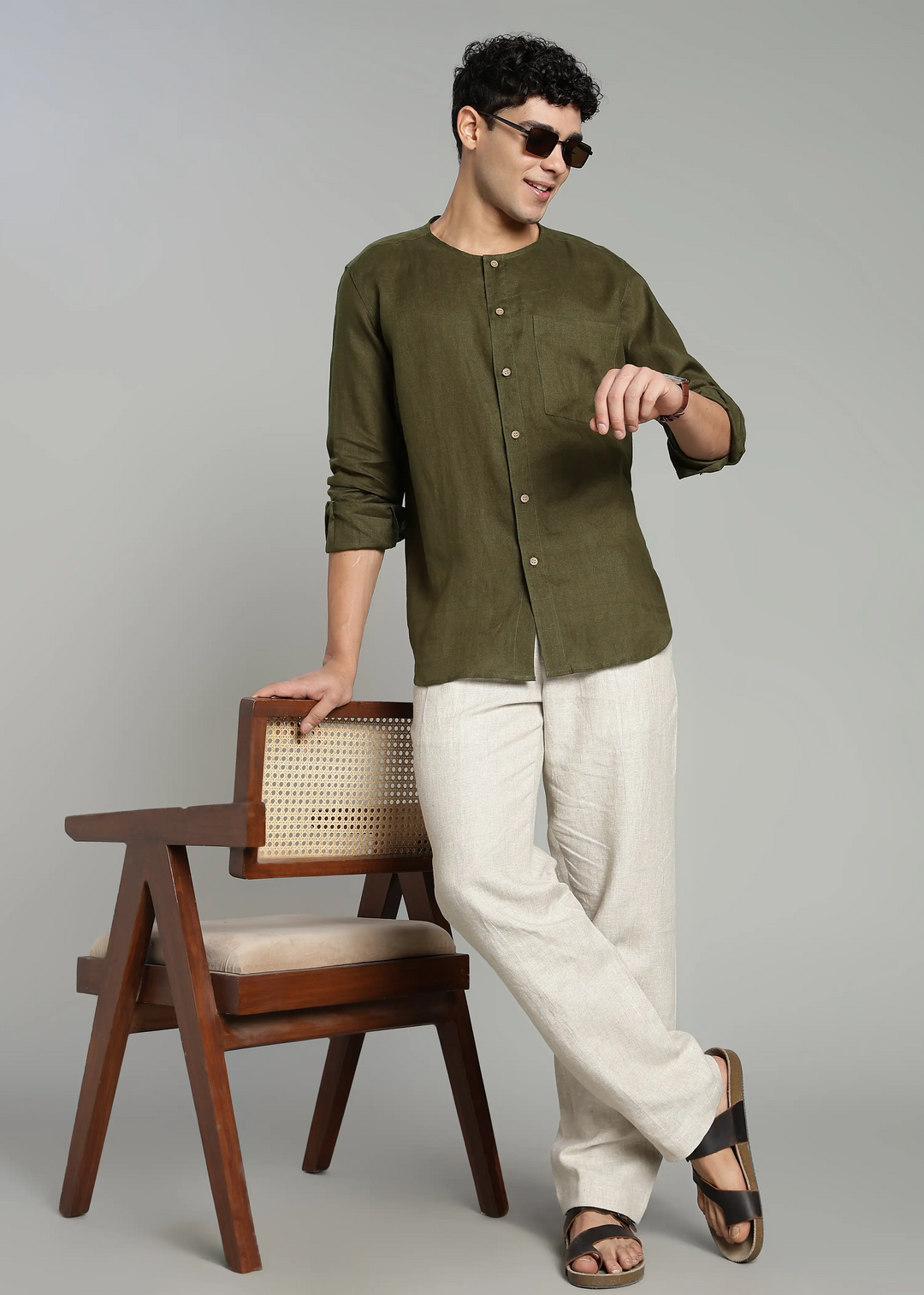 Pedro - Collarless Pure Linen Full Sleeve Shirt - Moss Green