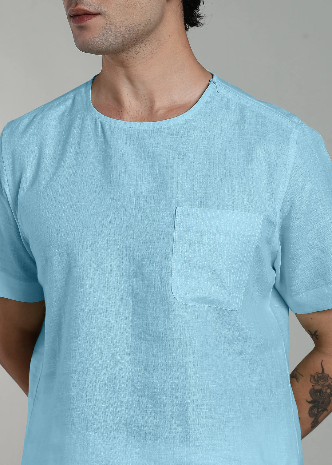 Simon - Pure Linen Stitch Detail Short Sleeve T-Shirt - Alaskan Blue