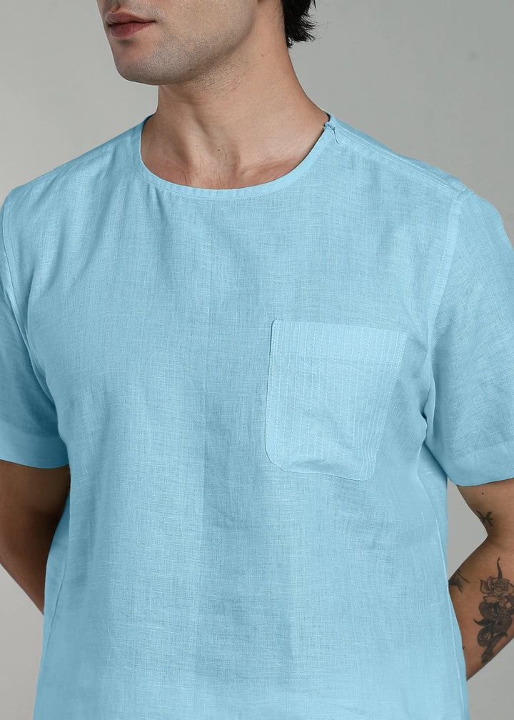 Simon - Pure Linen Stitch Detail Short Sleeve T-Shirt - Alaskan Blue