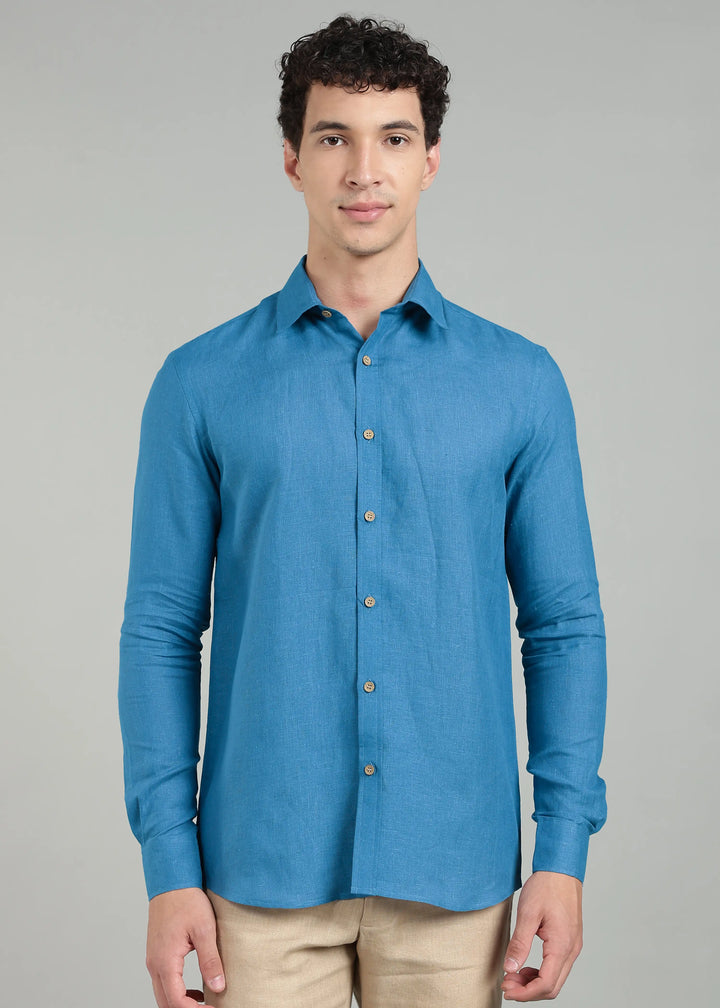 Ron - Pure Linen Full Sleeve Shirt - Swedish Blue