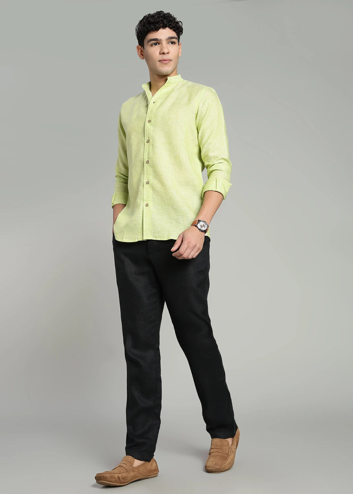 Craig - Pure Linen V Neck Full Sleeve Shirt - Light Green Chambray