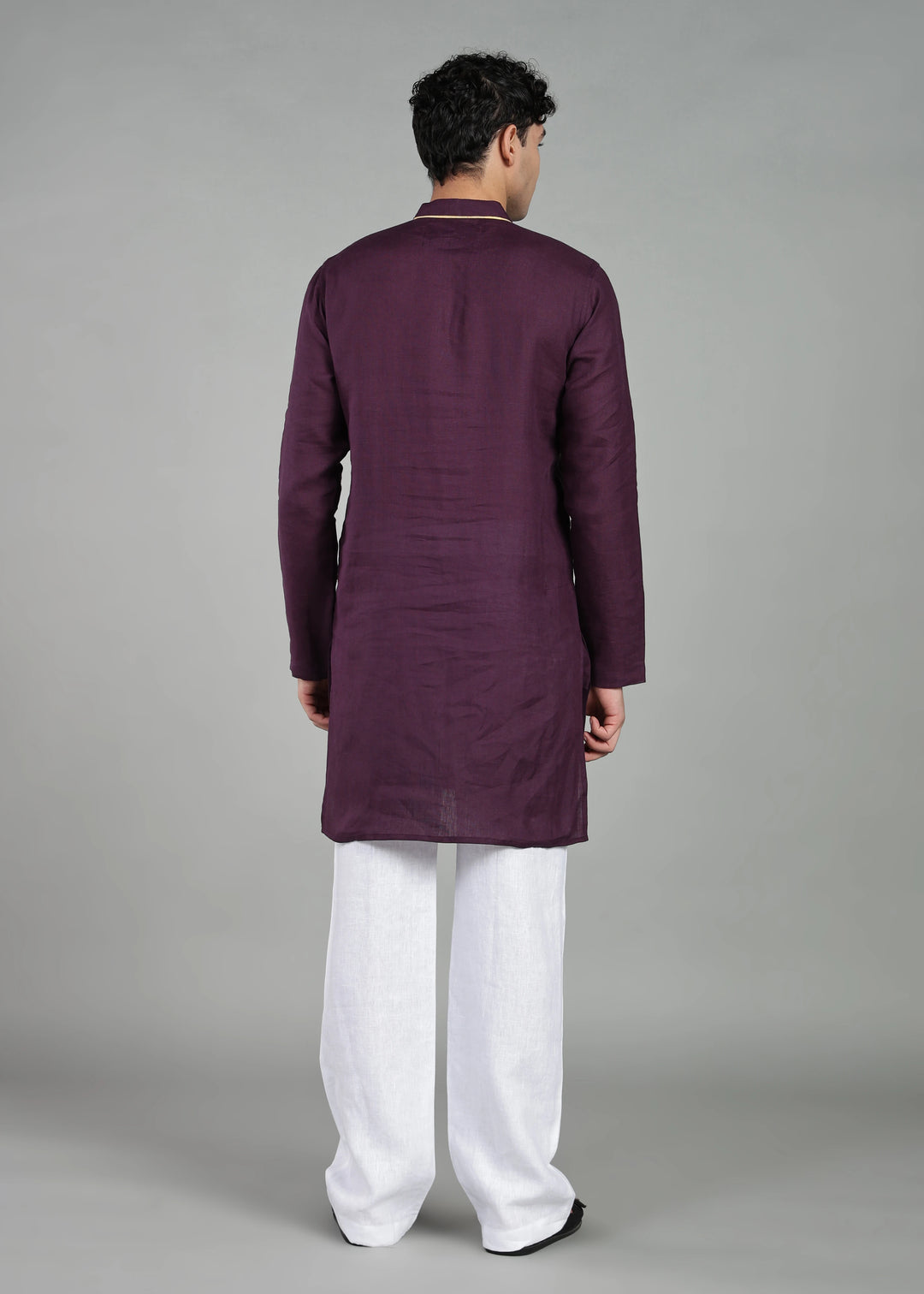 Tantu - Full Sleeve Mandarin Collar Pure Linen Mid Kurta With Kasavu Inset Detail - Dark Purple
