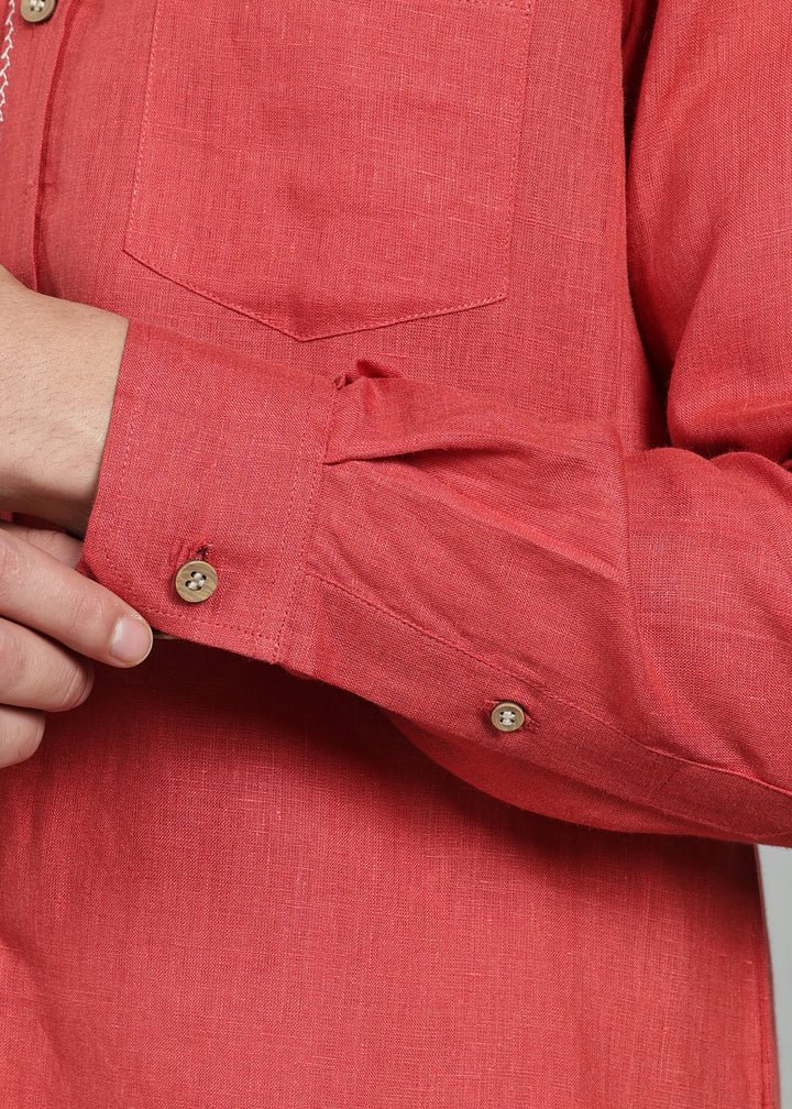 Oram - Pure Linen Full Sleeve Shirt - Terracotta Red