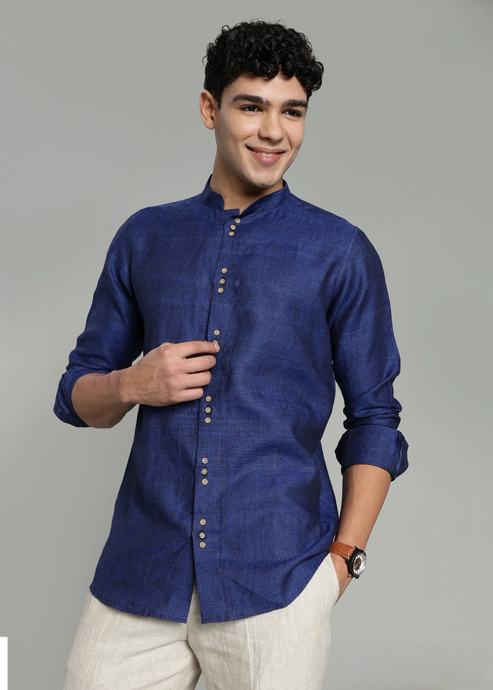 Flint - Pure Linen Shirt with Mandarin Collar & Trio Button Detail - Prussian Blue