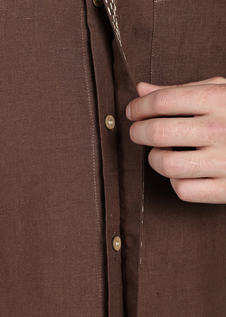 Grove - Full Sleeve Shirt with Hand Embroidered Concealed Placket - Coffee Brown