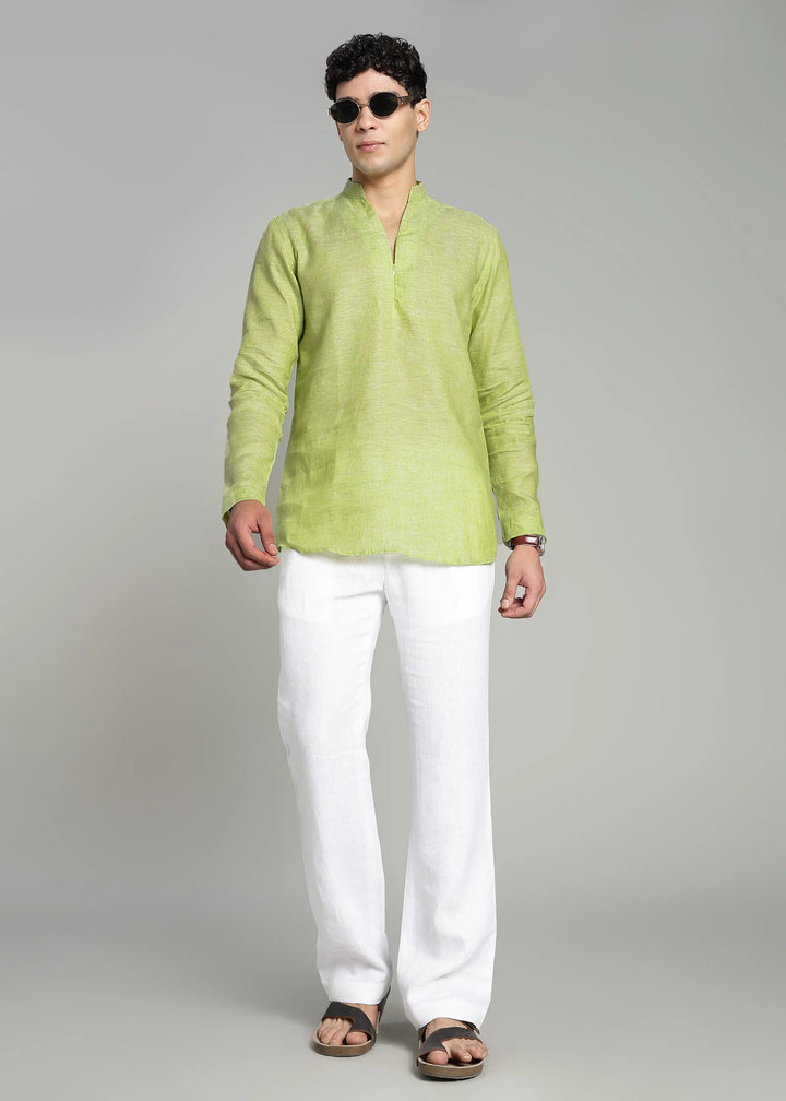 Arnav - Full Sleeve Broad-Notched Collar Pure Linen Short Kurta - Light Green Chambray