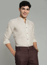 Ronan - Pure Linen Mandarin Collar Full Sleeve Shirt - Ecru