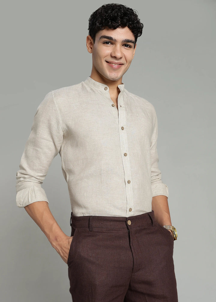 Ronan - Pure Linen Mandarin Collar Full Sleeve Shirt - Ecru