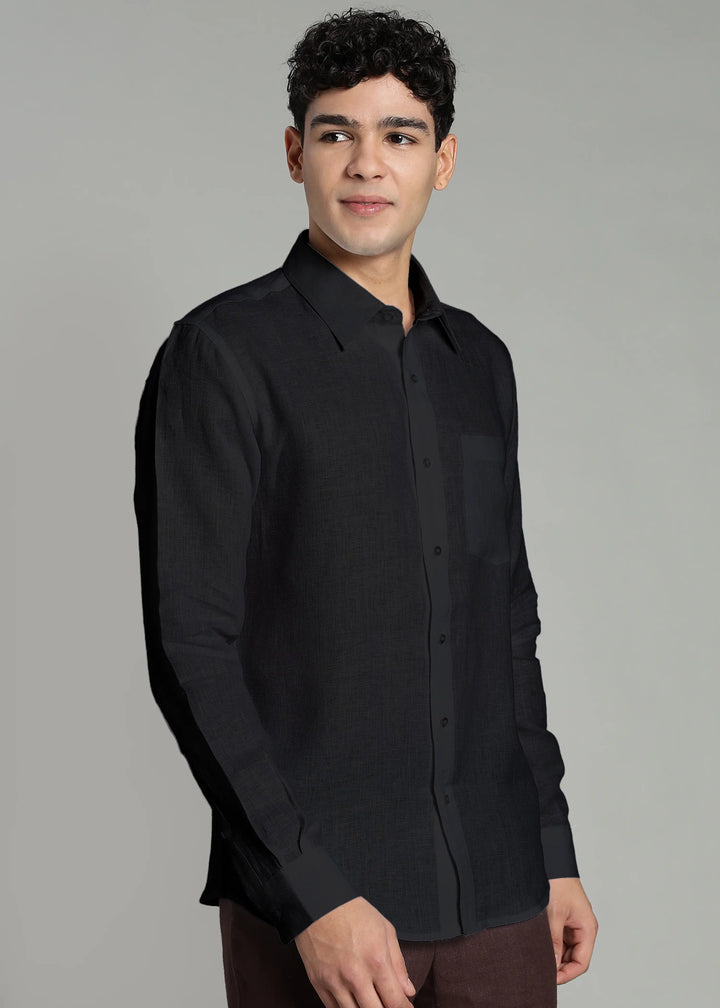Victor - Pure Linen Full Sleeve Shirt With Box Pleat - Black