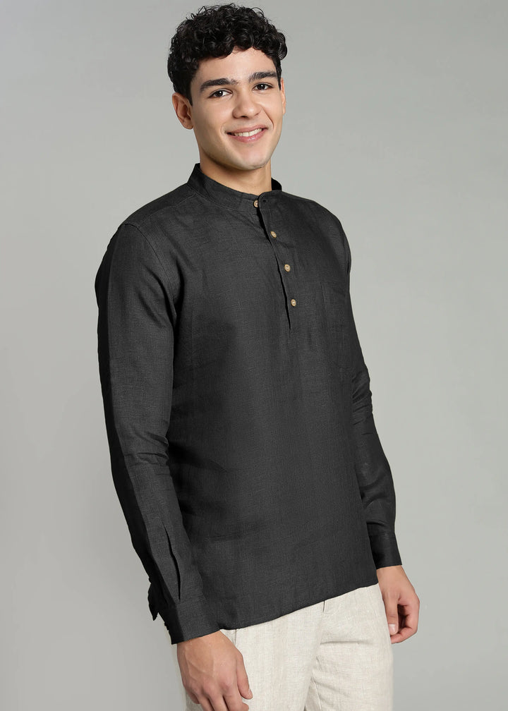 Samir - Pure Linen Full Sleeve Short Kurta Shirt with Cuff - Black