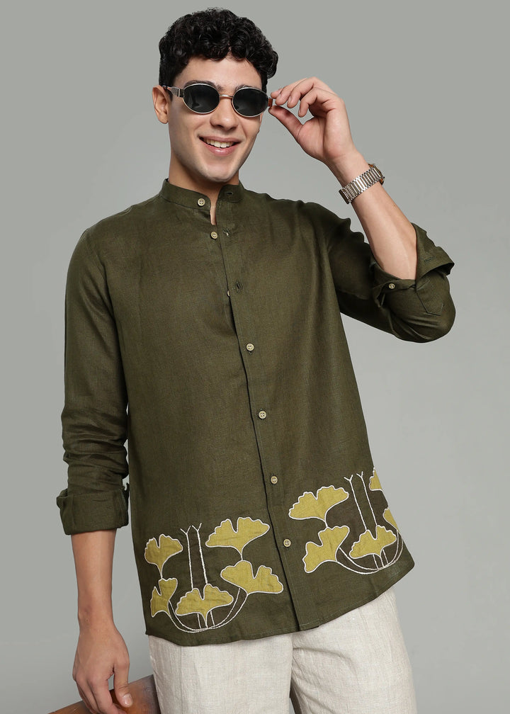 Clover – Pure Linen Appliqué Mandarin Collar Full Sleeve Shirt – Moss Green