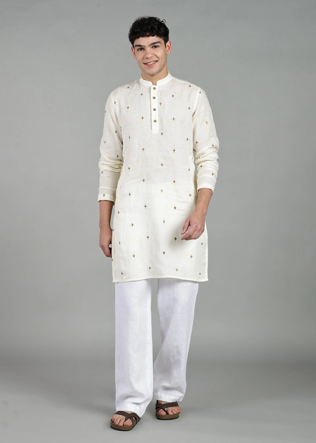 Kathir - Full Sleeve Mandarin Collar Pure Linen Embroidered Mid Kurta - Yellow on Creme White