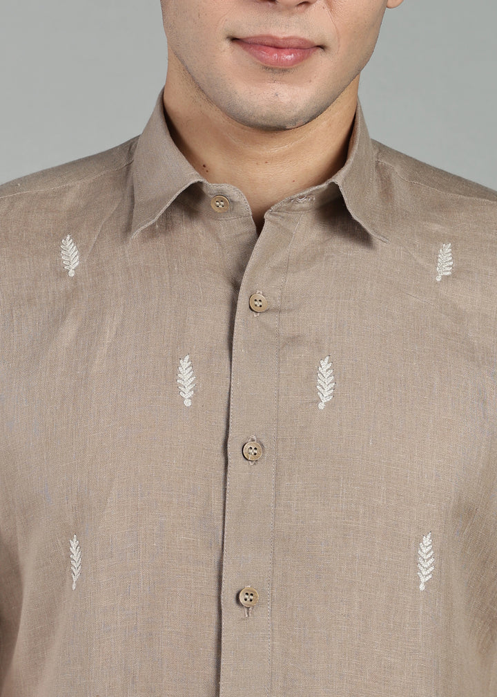 Touch Me Not - Pure Linen Half Sleeve Hand Embroidered Shirt - Stone Brown