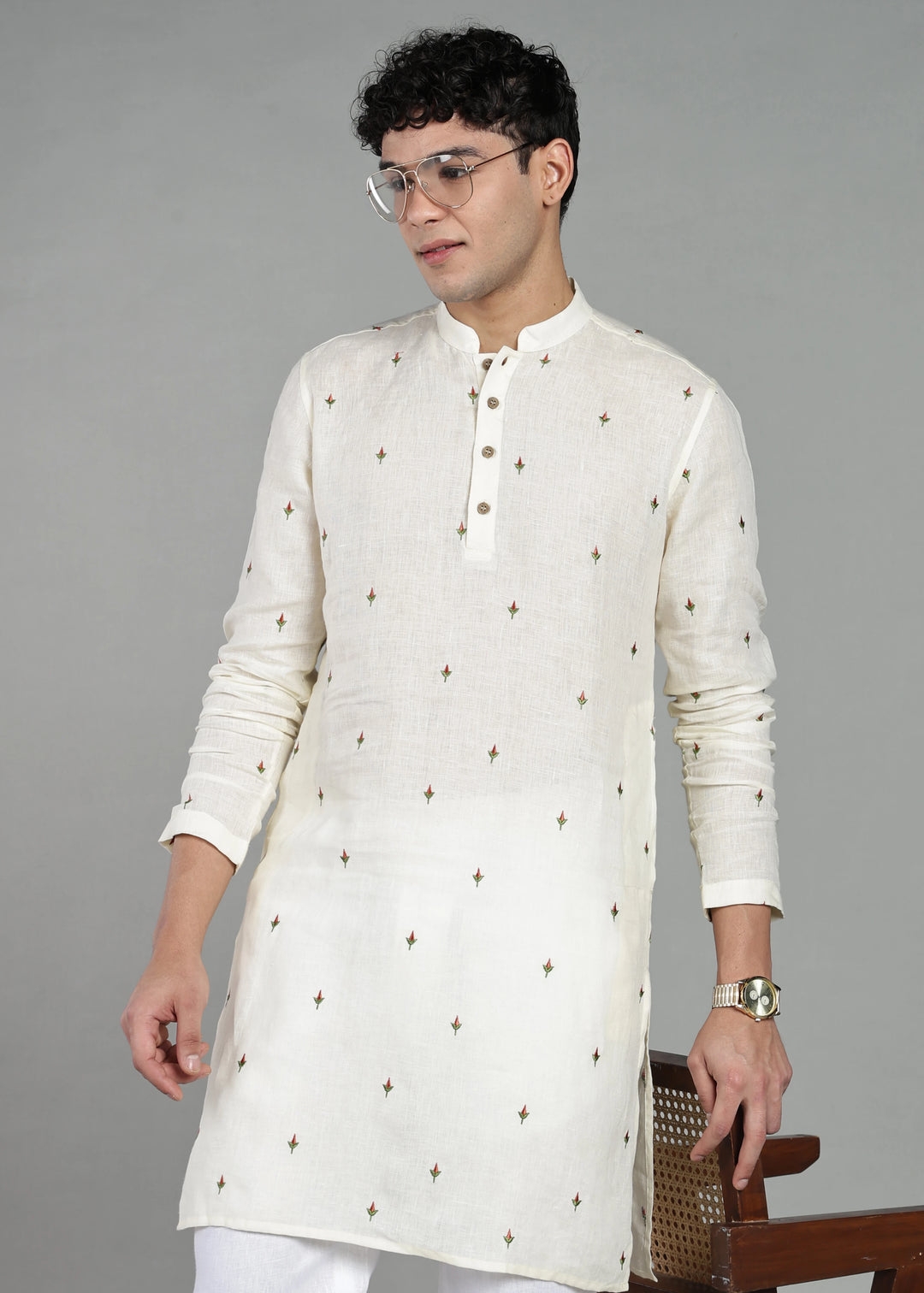 Kathir - Full Sleeve Mandarin Collar Pure Linen Embroidered Mid Kurta - Red on Creme White