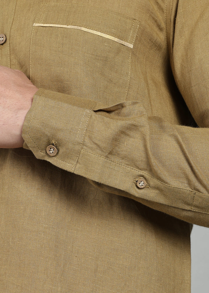 Kiran - Full Sleeve Shirt with Kasavu Inset Detail  - Golden Olive Green