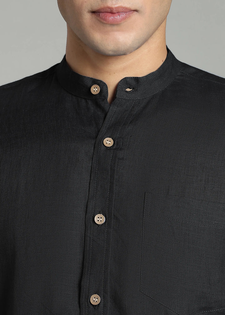 Aaron - Pure Linen Mandarin Collar Full Sleeve Shirt With Front Pocket - Black