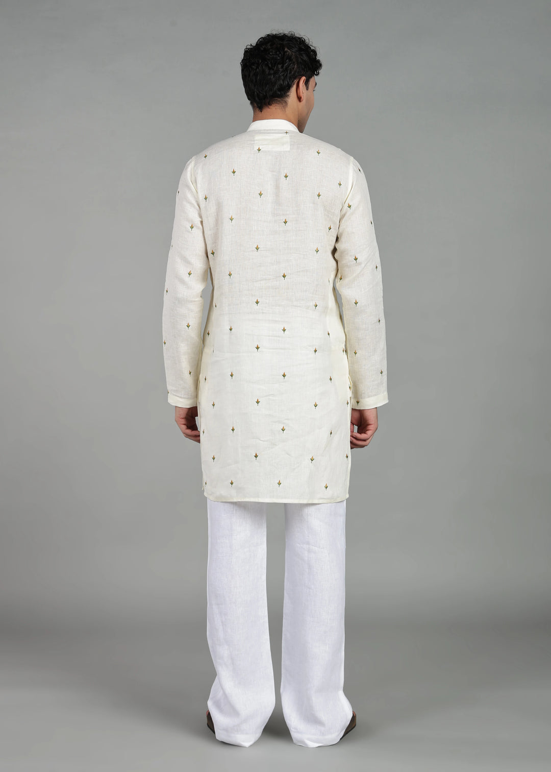Kathir - Full Sleeve Mandarin Collar Pure Linen Embroidered Mid Kurta - Yellow on Creme White