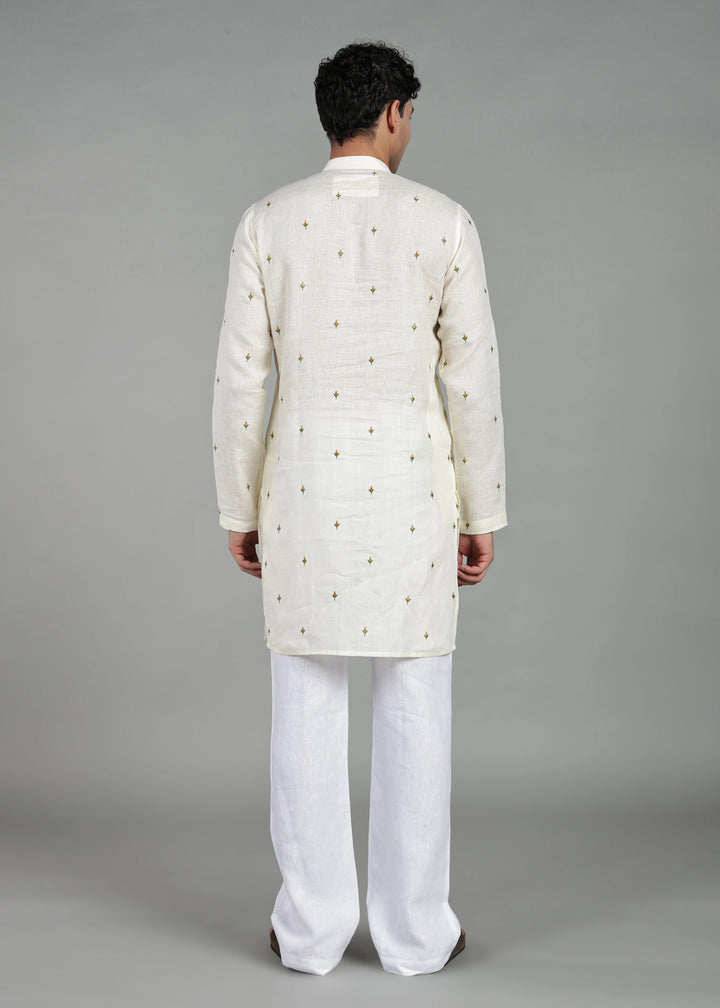 Kathir - Full Sleeve Mandarin Collar Pure Linen Embroidered Mid Kurta - Yellow on Creme White
