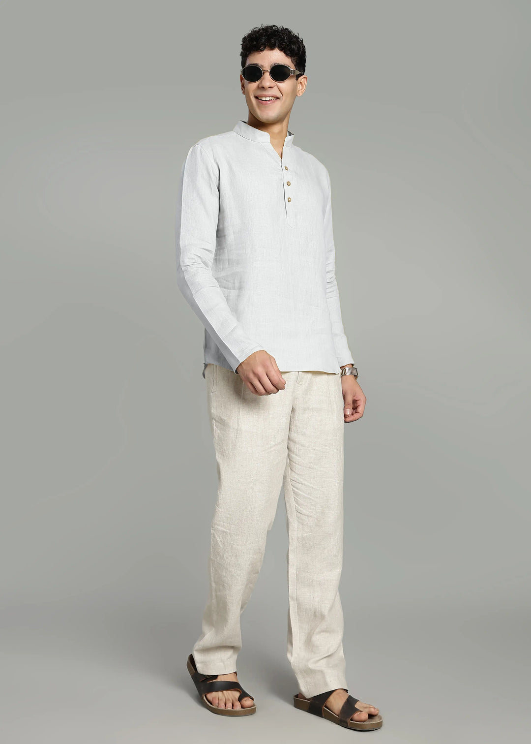 Zaeden - Pure Linen V Neck Full Sleeve Short Kurta Shirt - White