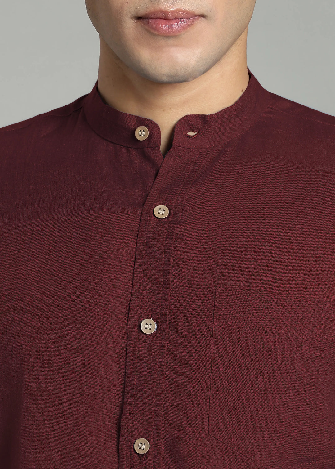 Aaron - Pure Linen Mandarin Collar Full Sleeve Shirt With Front Pocket - Red Wine