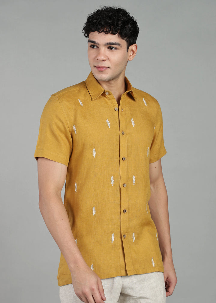 Touch Me Not - Pure Linen Half Sleeve Hand Embroidered Shirt - Sienna Brown