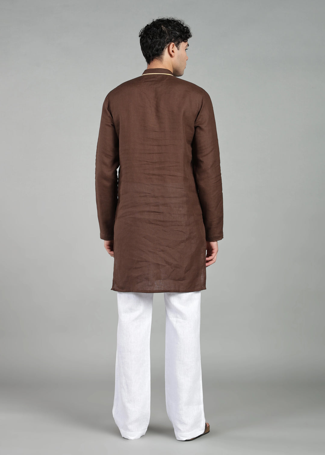 Tantu - Full Sleeve Mandarin Collar Pure Linen Mid Kurta With Kasavu Inset Detail - Coffee Brown