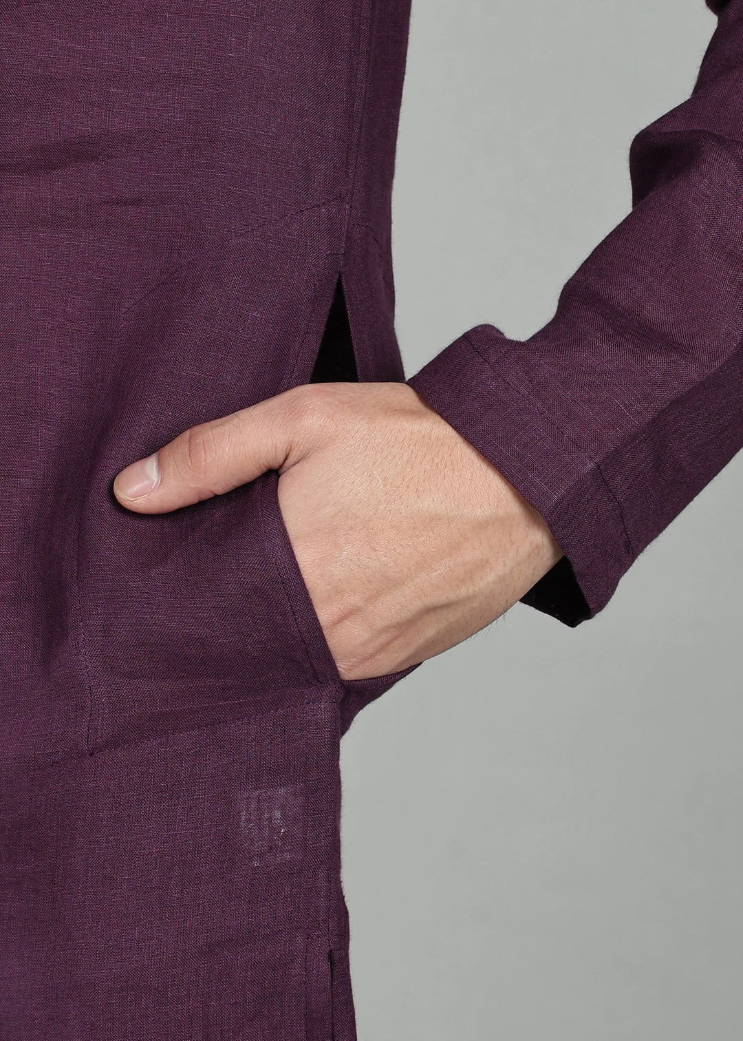 Tantu - Full Sleeve Mandarin Collar Pure Linen Mid Kurta With Kasavu Inset Detail - Dark Purple