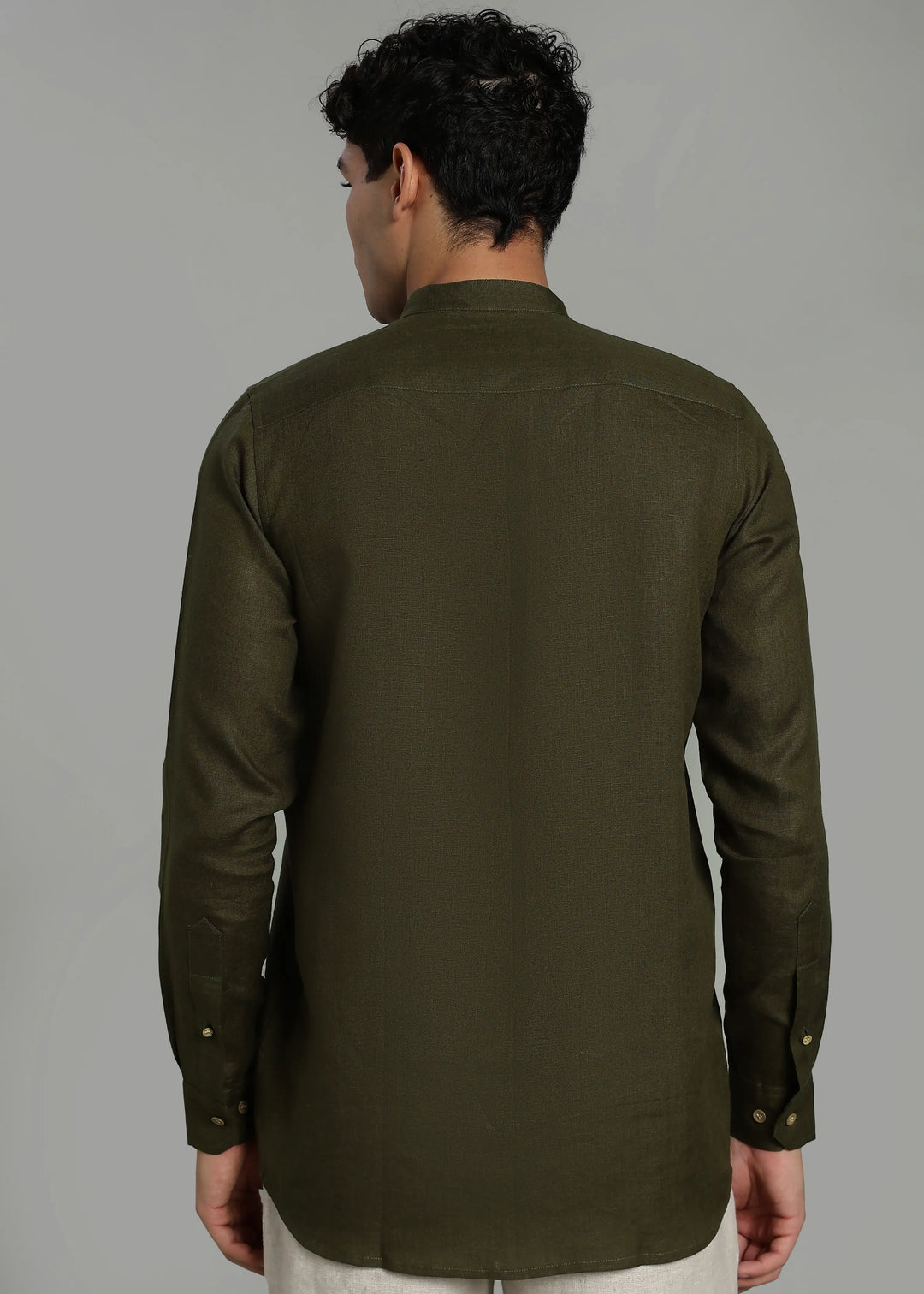 Clover – Pure Linen Appliqué Mandarin Collar Full Sleeve Shirt – Moss Green