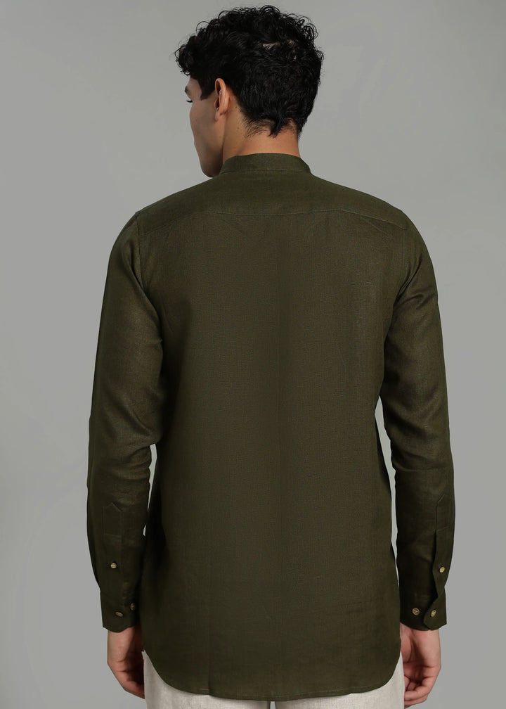 Clover – Pure Linen Appliqué Mandarin Collar Full Sleeve Shirt – Moss Green